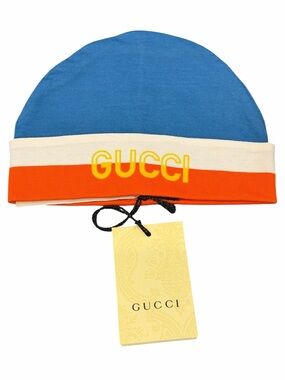 Gucci Blue, Cream & Orange Logo Stripe Beanie